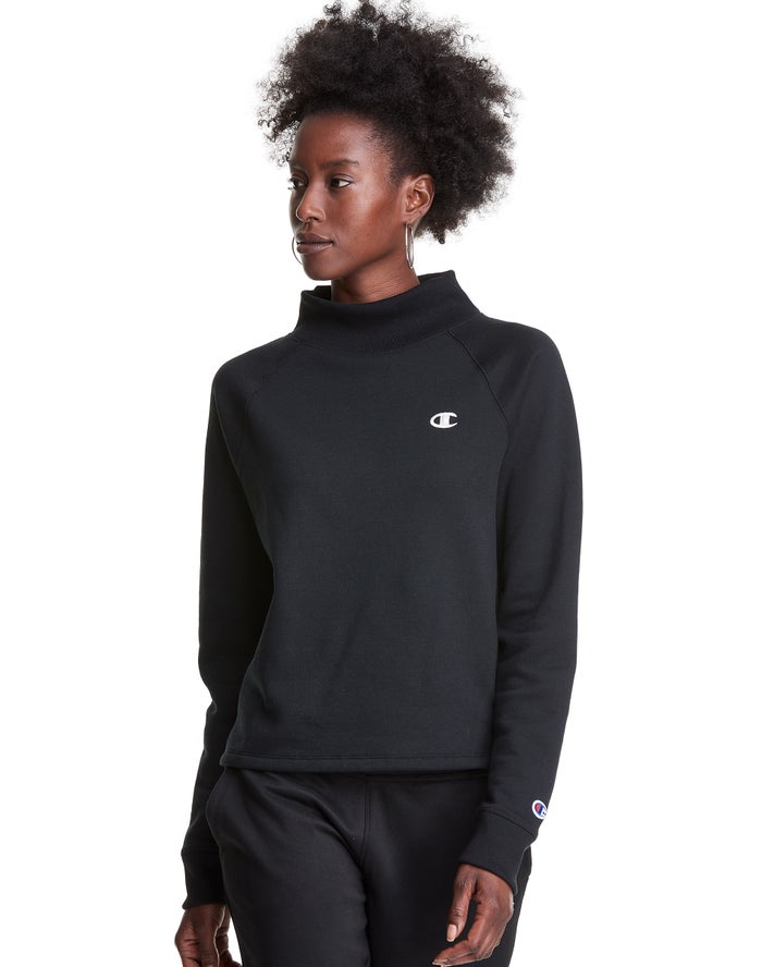 Champion Dame Sweatshirt Sort - Powerblend Fleece Mock Neck Embroidered Logo - Danmark GXC-157302